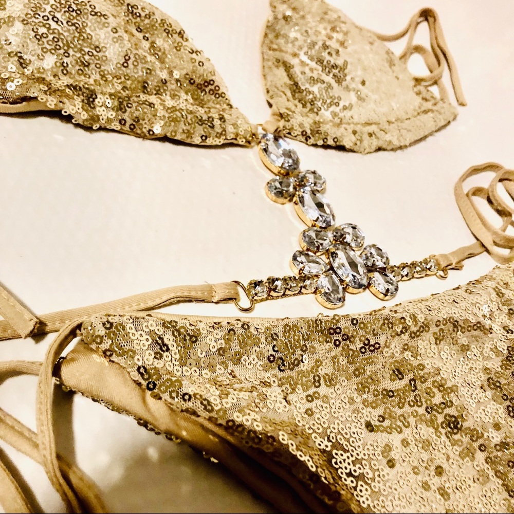 NWT competition bikini gold Sequin Rhinestone crystal gorgeous sexy bikini FIRM - Picture 6 of 10